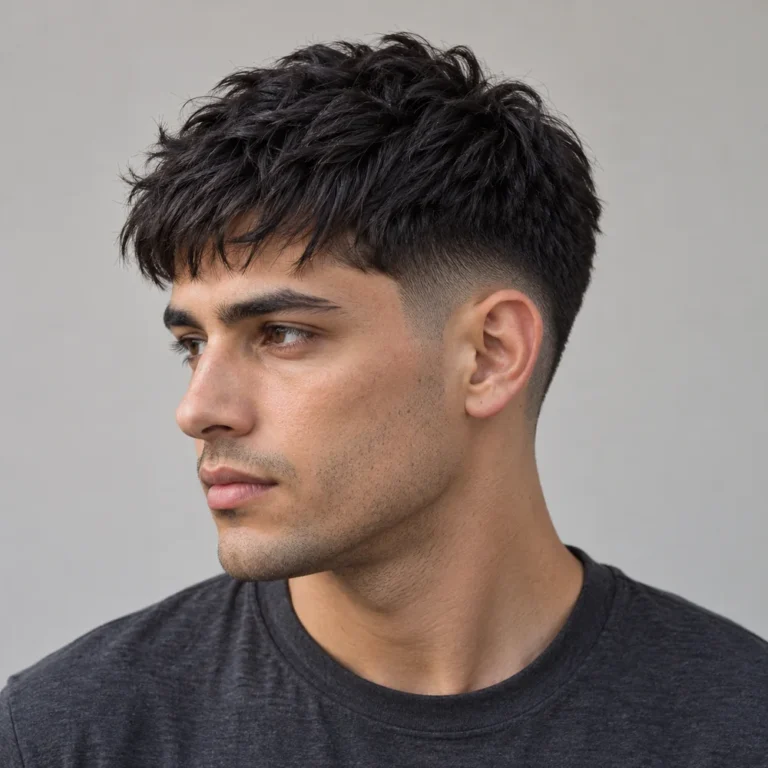 Short textured fringe with a low shadow fade and retained darker upper-side weight