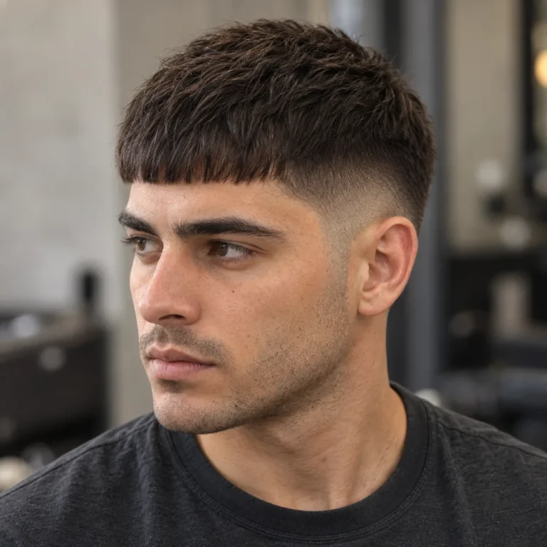 Front three-quarter view of a French crop with a compact blunt fringe and low shadow fade