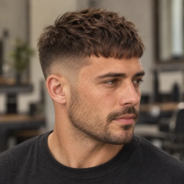 Side three-quarter view of a softly textured French crop with a broken fringe and a close side fade