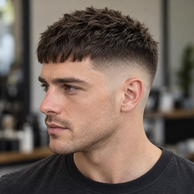 Left side three-quarter view of a choppy French crop with a short forward fringe and mid skin fade