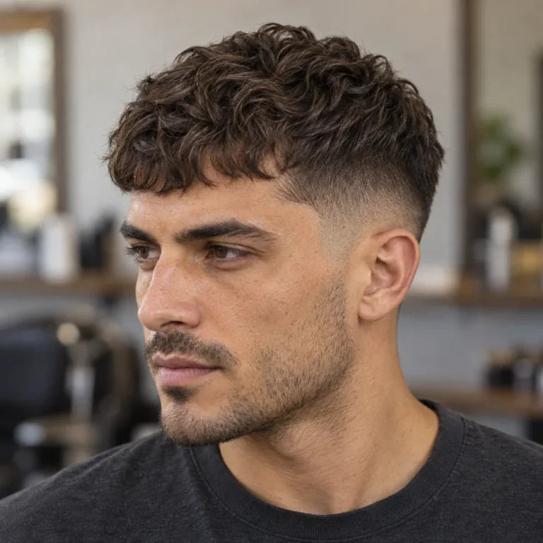 Front three-quarter view of a wavy French crop with a soft forward fringe and faded sides