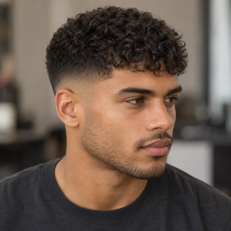 Front three-quarter view of a compact curly French crop with a forward curl fringe and smoothly shortened sides