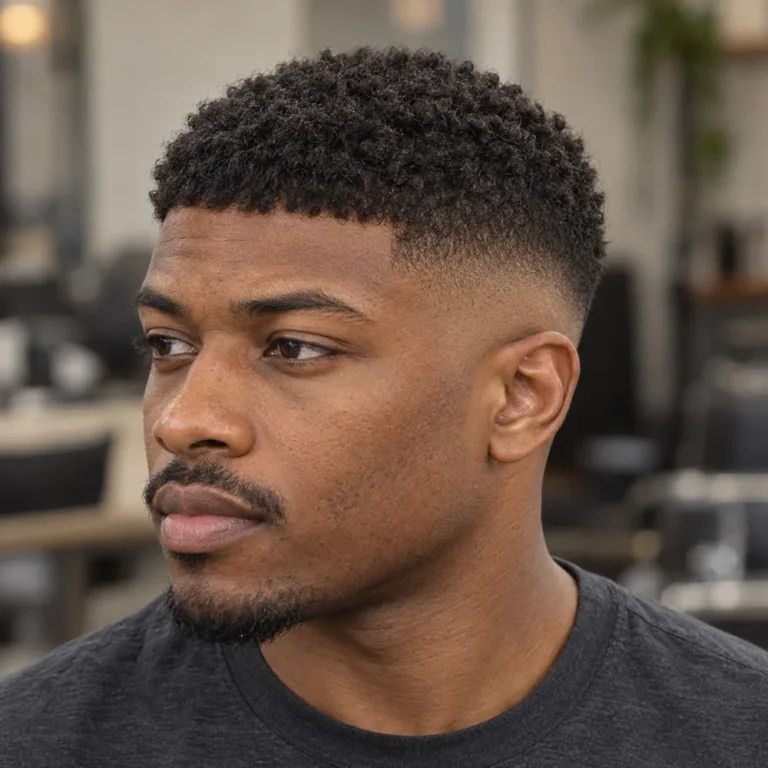 Front three-quarter view of a short coily French crop with a natural forward silhouette and mid fade
