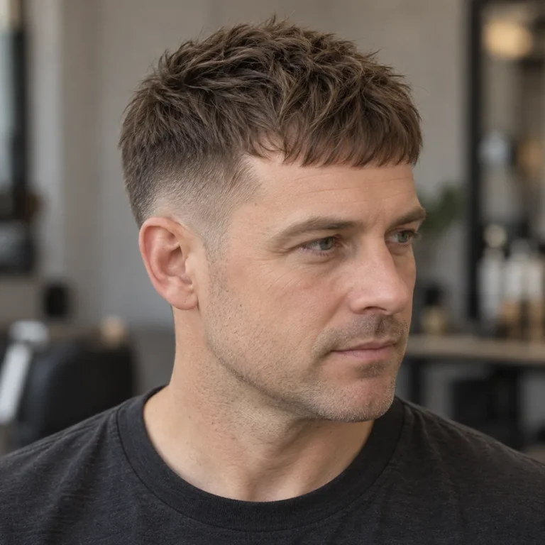Front three-quarter view of a French crop on fine straight hair with a soft fringe and a restrained side fade