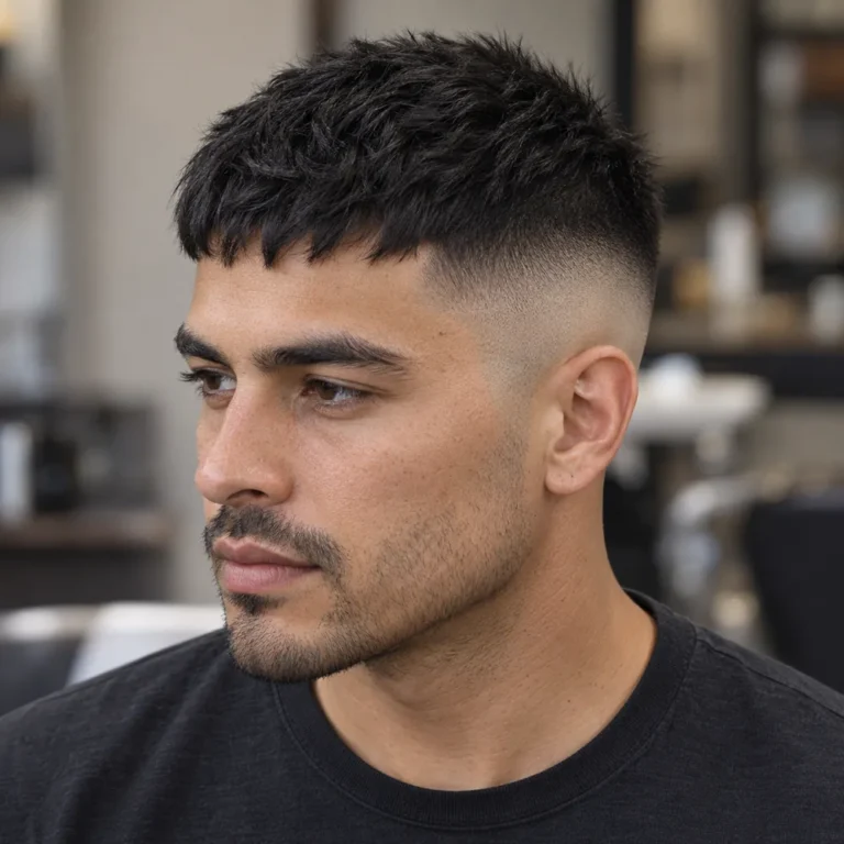 Front three-quarter view of a dense textured French crop with a short broken fringe and high skin fade