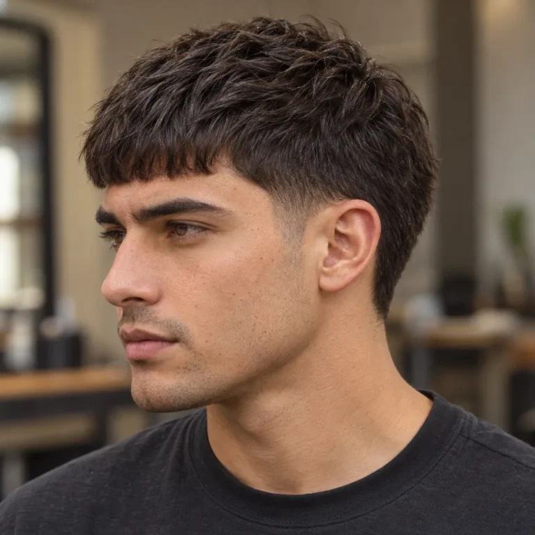 Side three-quarter view of a French crop with a short fringe, localized low temple taper and retained sides