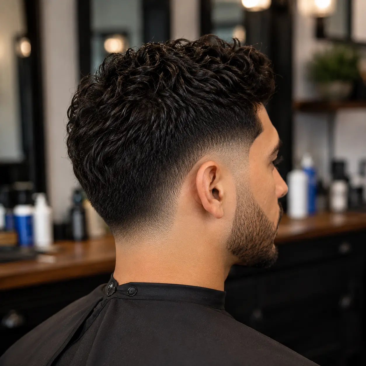 Drop fade haircut for men showing the blend dropping behind the ear toward the back
