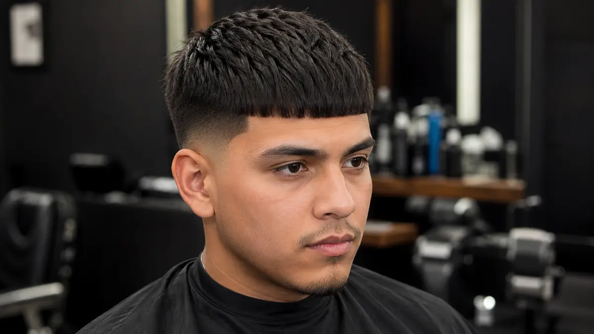 Adult man with a blunt Edgar haircut fringe and low-to-mid fade in a barbershop