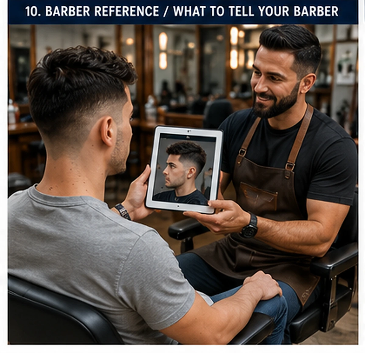 Client showing a fade haircut reference photo to a barber