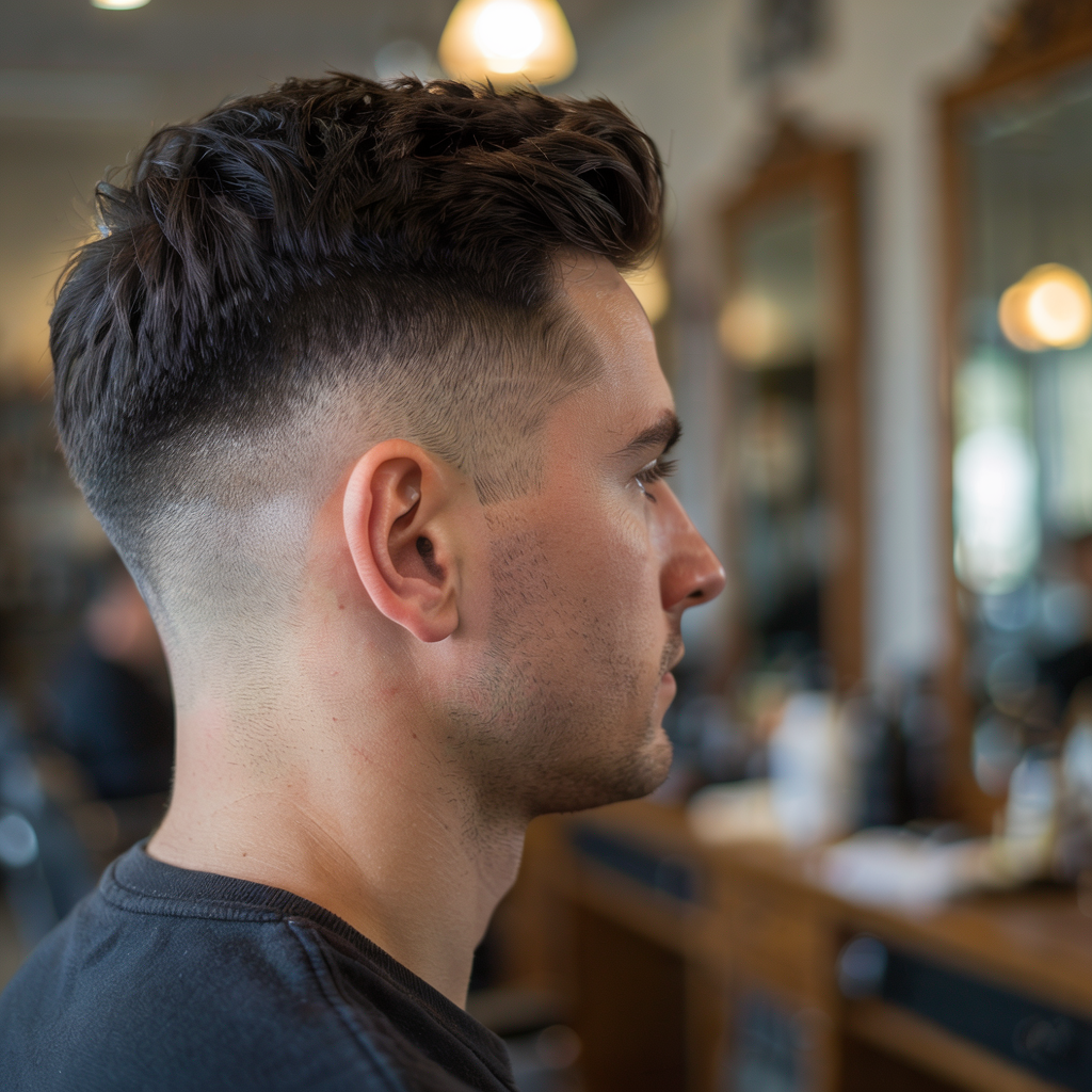 High fade haircut for men with the blend beginning high on the sides