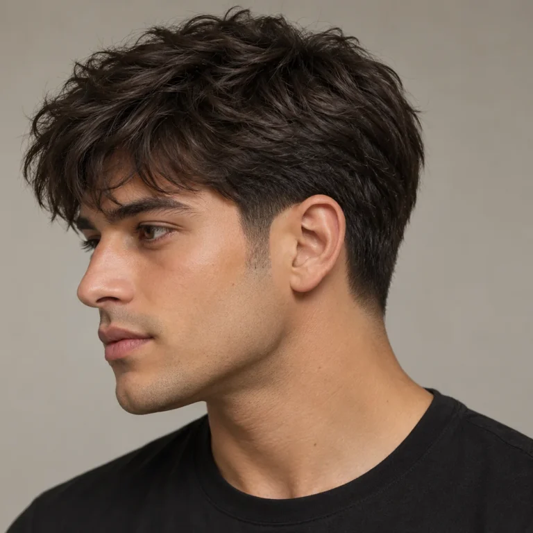 Left three-quarter view of a low taper fade with dark textured fringe and retained hair behind the ear