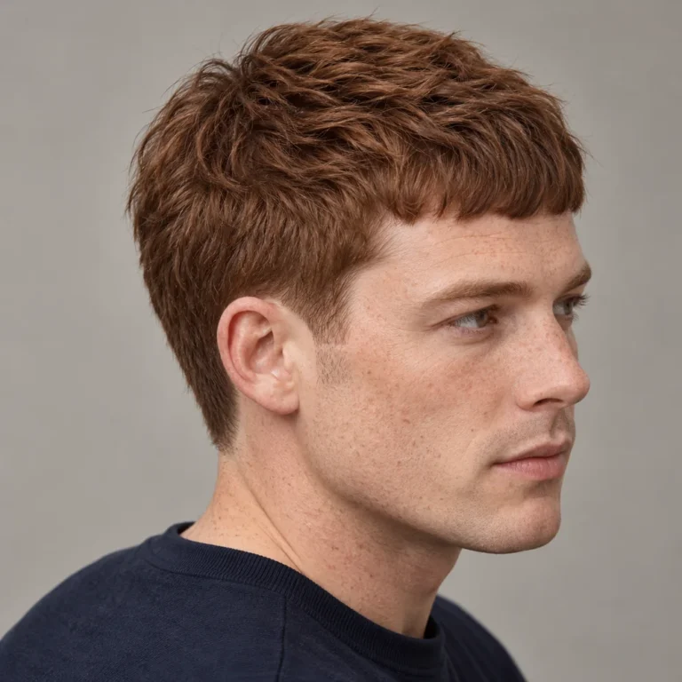 Right three-quarter view of an auburn French crop with a low sideburn taper and full sides
