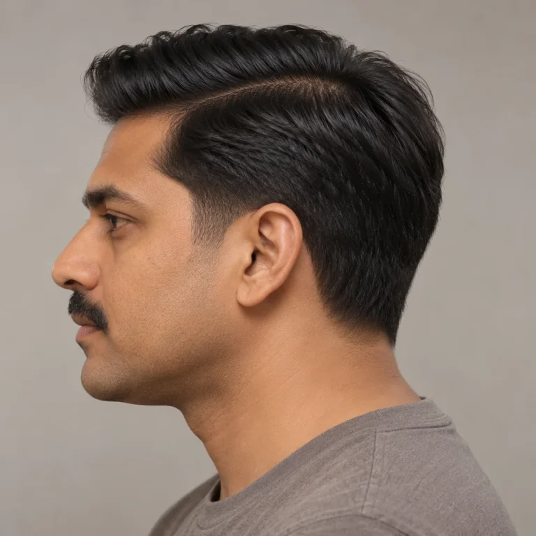 Left profile of a natural side part with a small low taper and dark hair around the ear