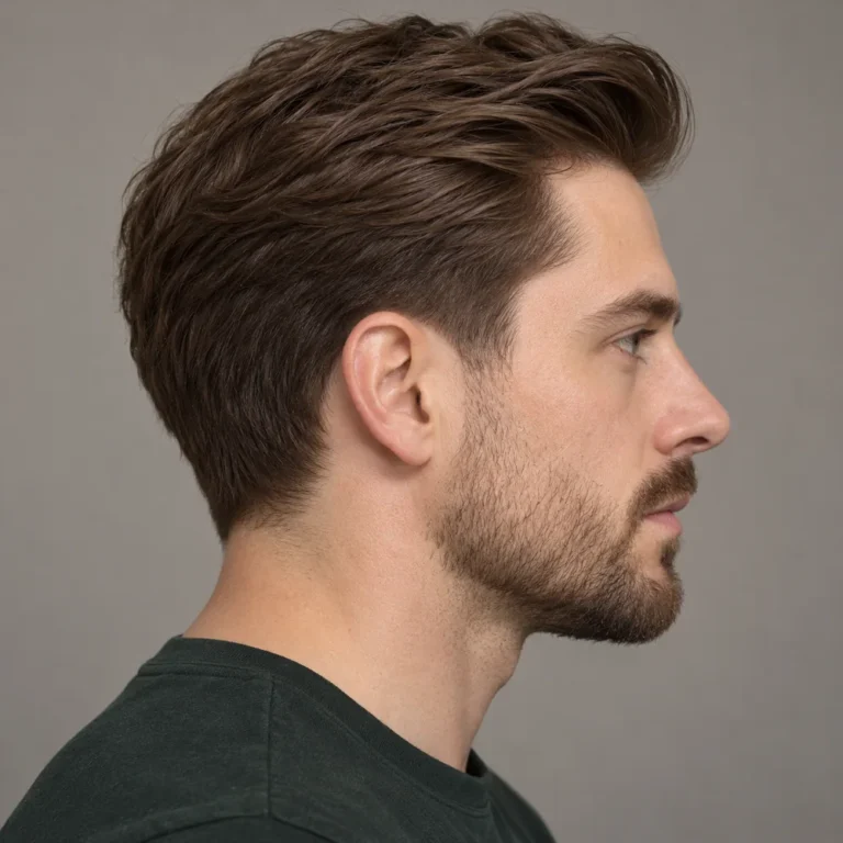 Right profile of brushed-back brown hair with connected sides and a low sideburn taper