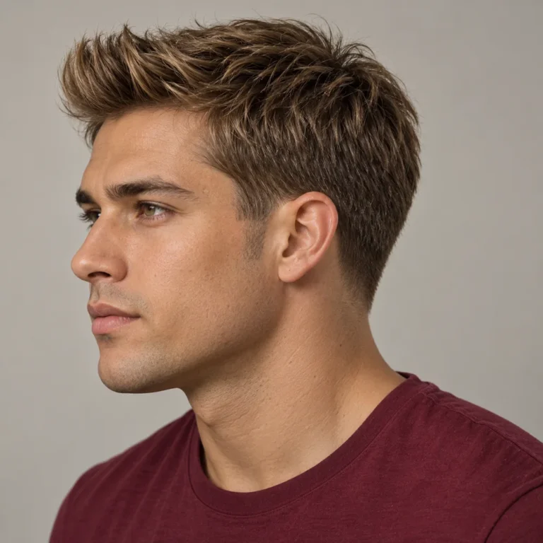 Left three-quarter view of a short quiff with a low taper and retained side coverage