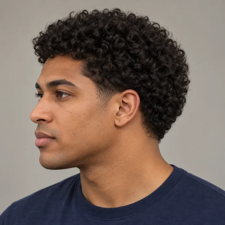 Left three-quarter view of springy curls with a small low taper and full sides