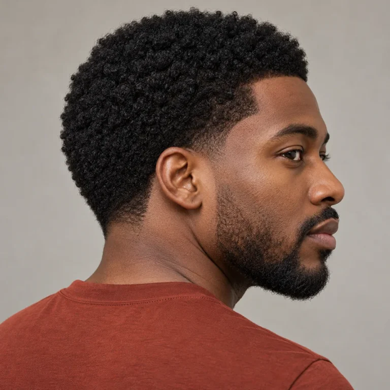 Right three-quarter view of a compact coily top with a low sideburn taper