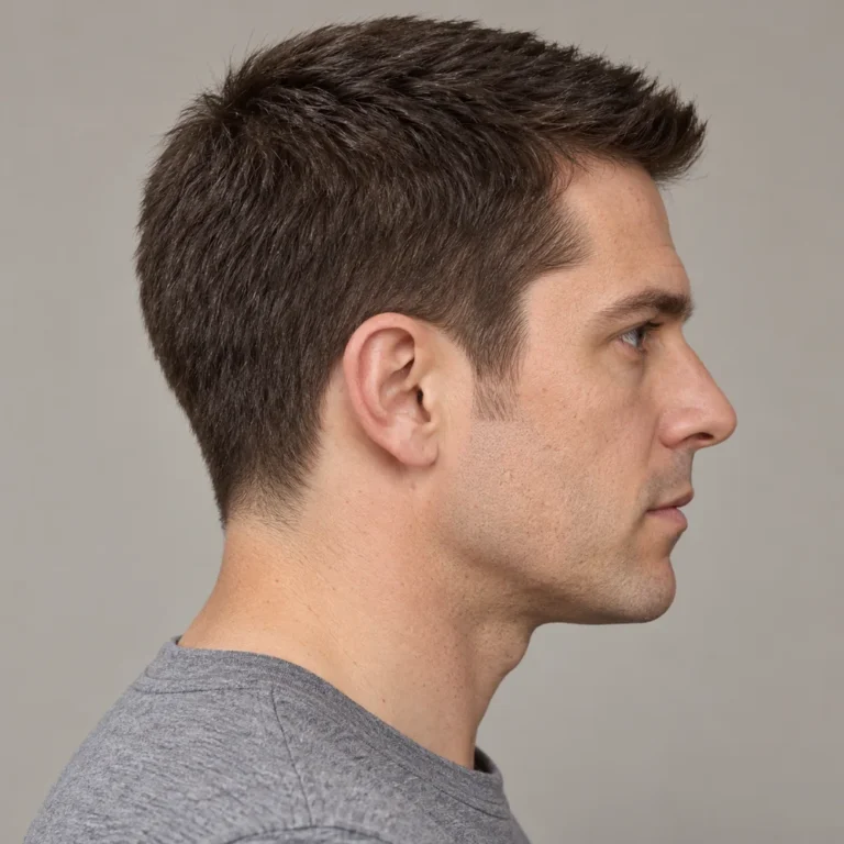 Right profile of a short crew cut with a low taper and retained side hair