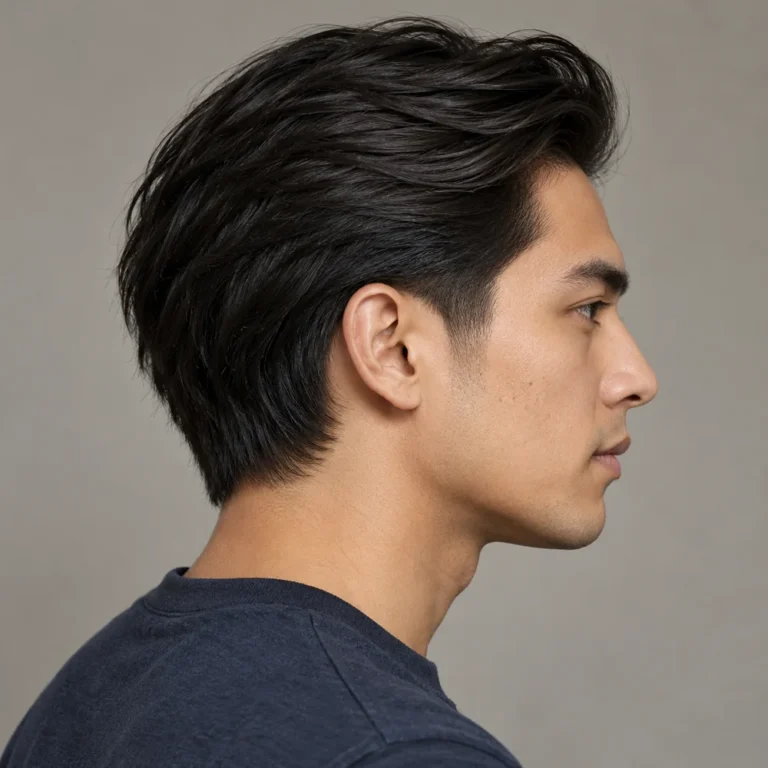 Right profile of longer straight black hair brushed back above a low sideburn taper