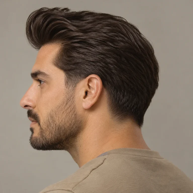 Left profile of a tall brown pompadour with full connected sides and a low taper