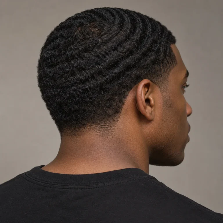 Rear-side view of short brushed waves with coverage retained above a low nape taper