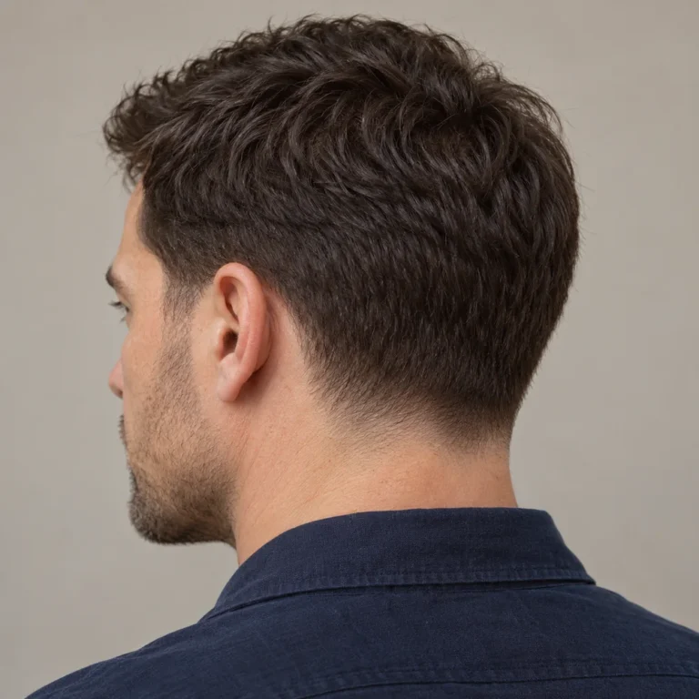 Rear three-quarter view of short brown hair above a low shadow nape taper