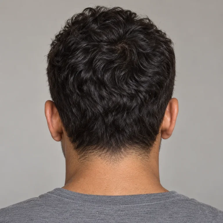 Direct rear view of dark wavy hair with a softly shortened natural neckline