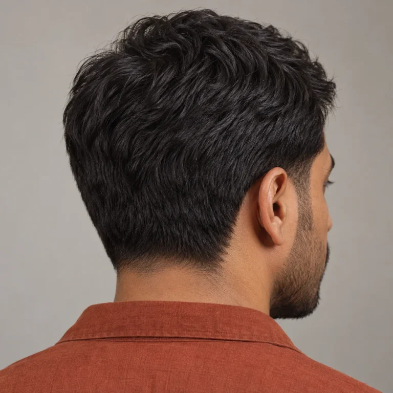 Rear three-quarter view of dense straight black hair with a soft low nape transition
