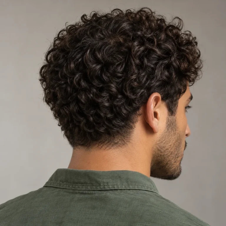 Rear three-quarter view of full brown curls above a small low nape taper
