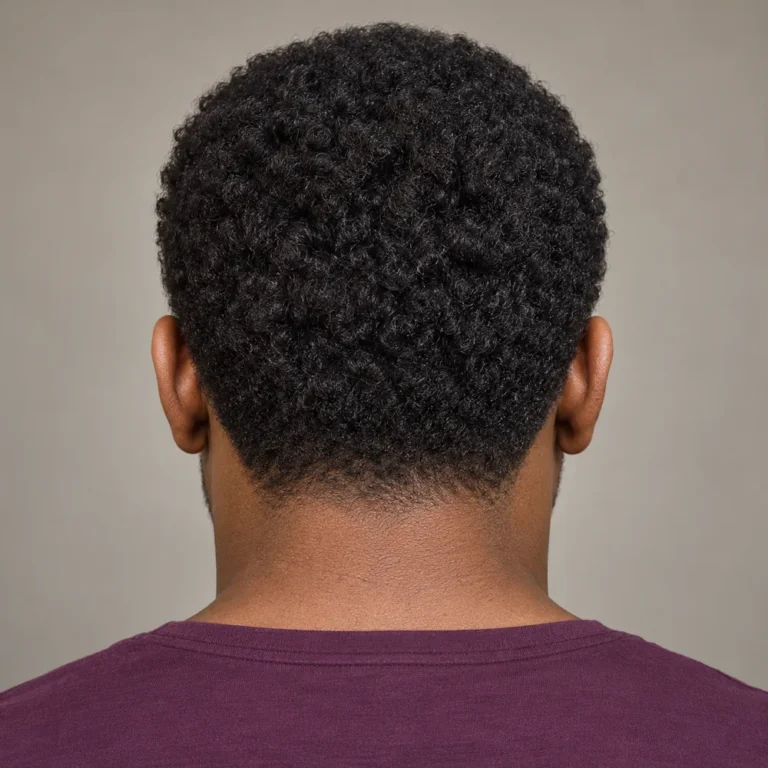 Direct rear view of tight black coils with rounded coverage and a soft low nape taper