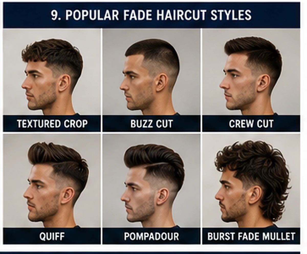 Popular fade haircuts for men including textured crop, buzz cut, crew cut, quiff, pompadour and burst fade mullet