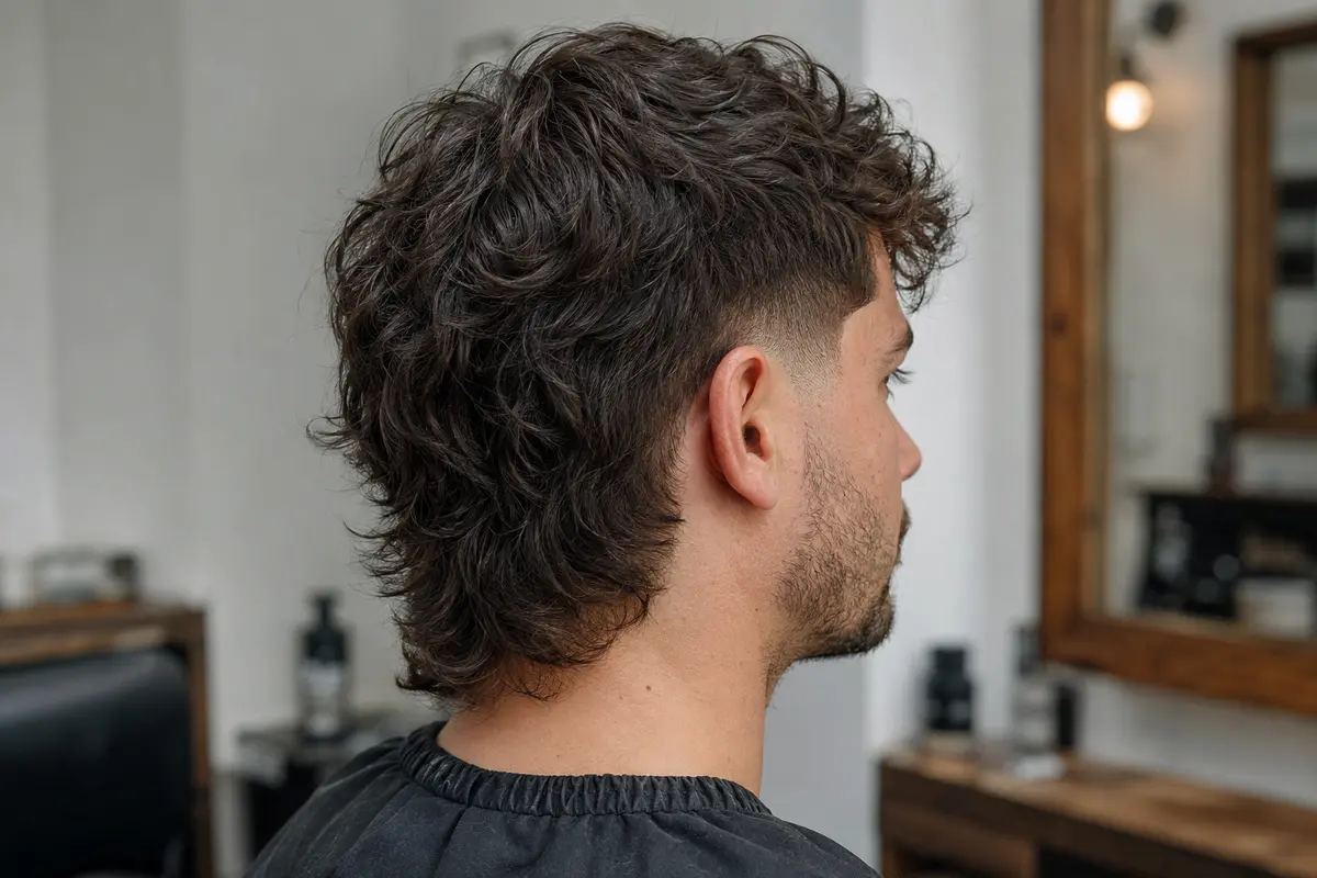 Wavy burst fade mullet with an ear-centered arc and visible connected length through the crown and nape