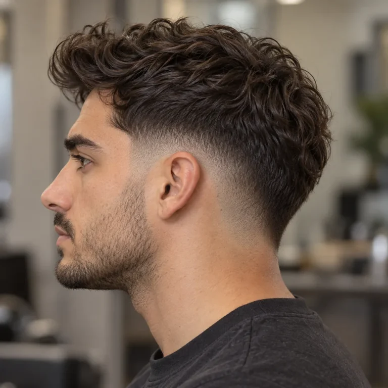 Left side profile of a low shadow drop fade with a wavy quiff and a descending rear blend