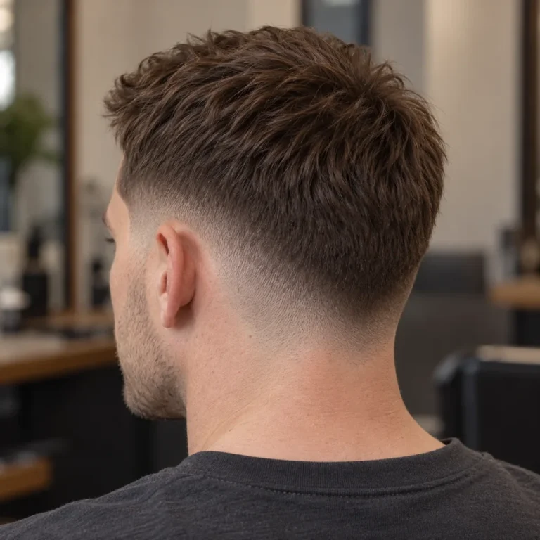 Rear three-quarter view of a low shadow drop fade with a short straight crop and a low connected nape curve