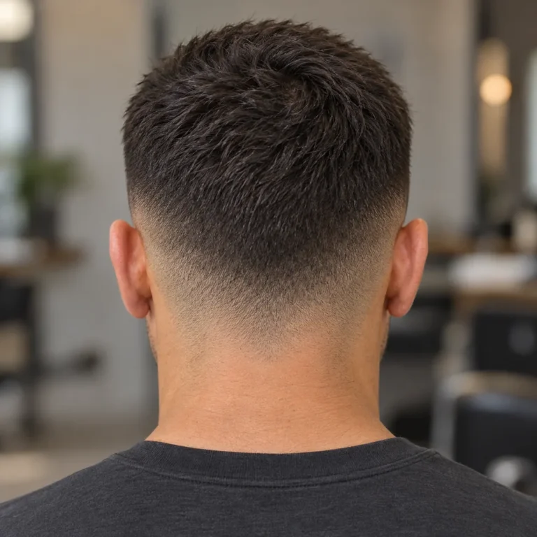 Rear view of a mid shadow drop fade with a short crew cut and a continuous dipped band across the nape