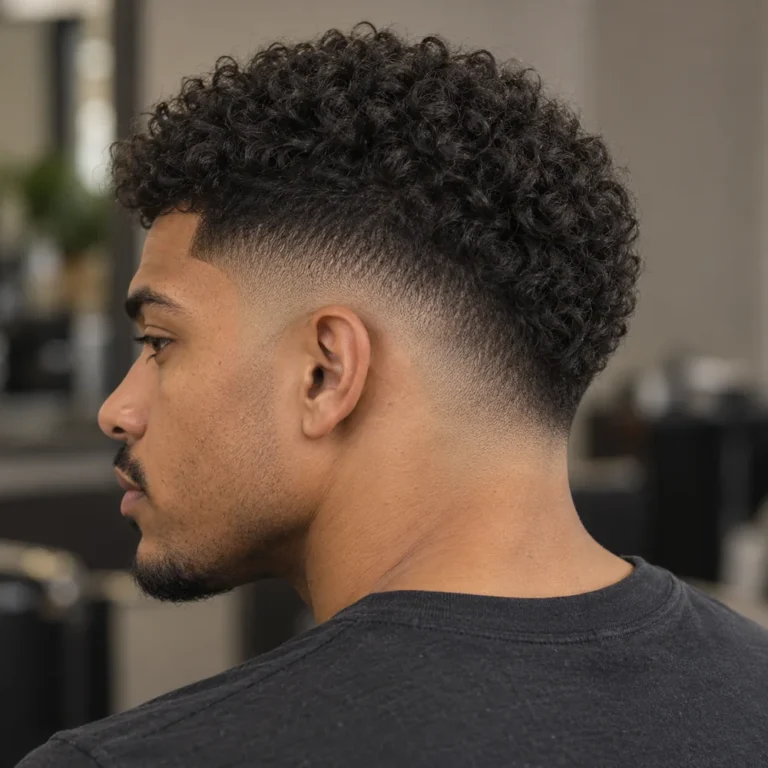 Side three-quarter view of a mid skin drop fade with a curly top and a rearward descending connected blend