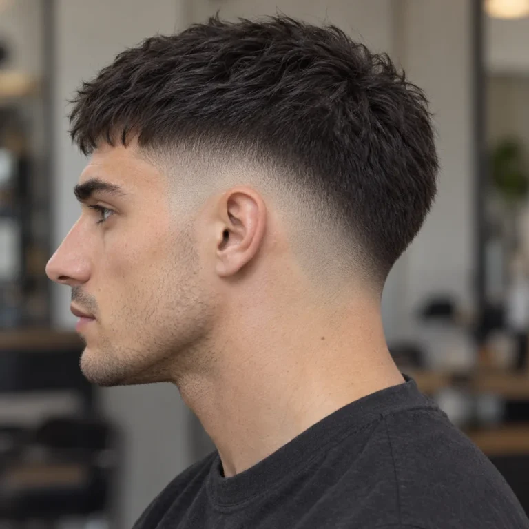 Left side profile of a higher skin drop fade with a short textured crop and a lower rear path