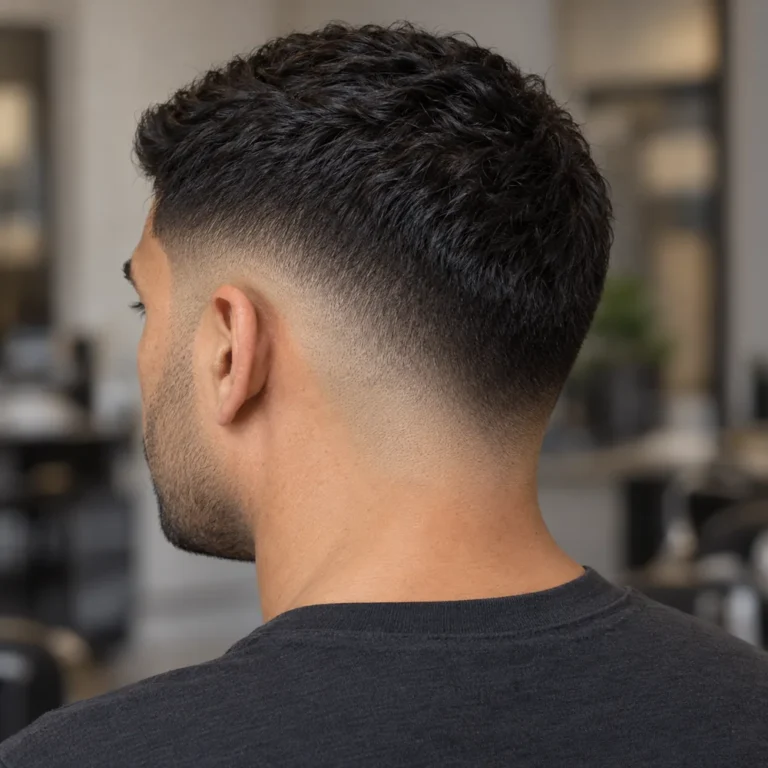 Rear three-quarter view of a skin drop fade with a short crop and a broad descending back contour