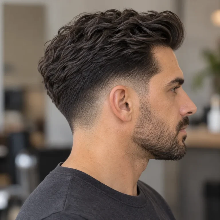 Side profile of a low shadow drop fade under a swept-back pompadour with a short beard connection