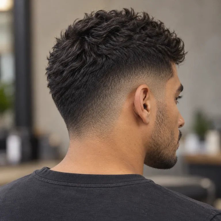 Rear three-quarter view of a mid shadow drop fade beneath a short textured top