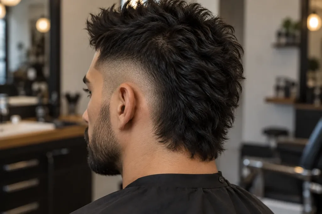 Rear three-quarter view of textured central hair retained behind a closely faded ear area
