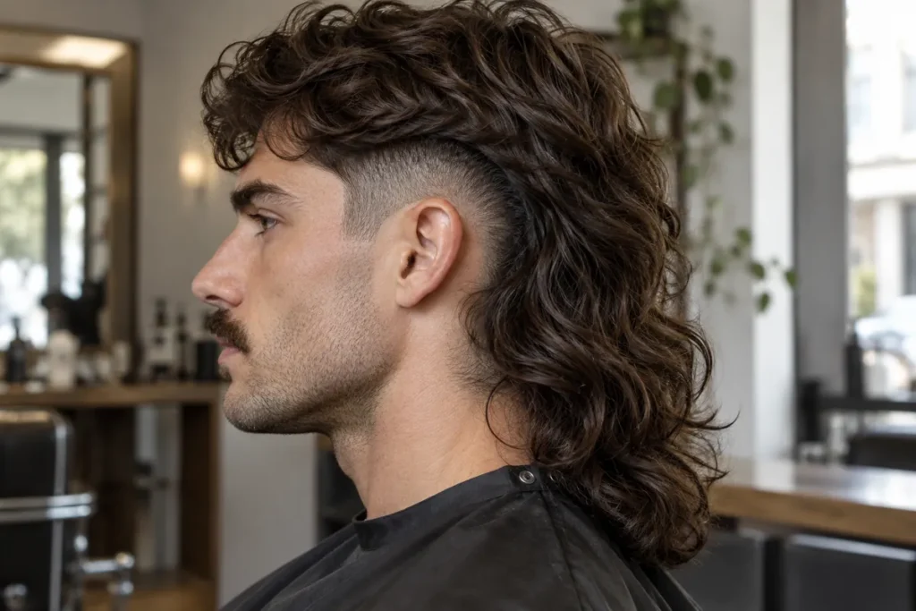 Side view of wavy mullet length retained behind an ear-centered short fade area