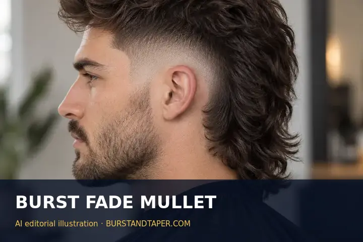Burst fade mullet side profile, AI-generated editorial illustration