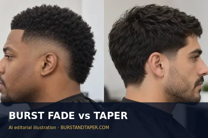 Burst fade and temple taper side-by-side comparison, AI-generated editorial illustration