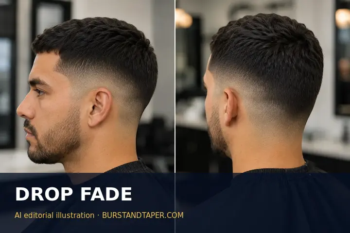 Drop fade shown from the side and rear, AI-generated editorial illustration