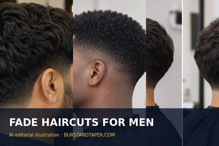 Three fade haircut references for men, AI-generated editorial illustration