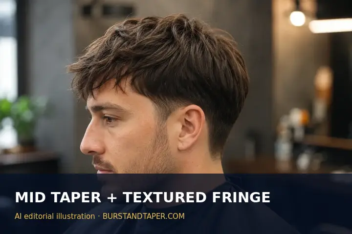 Mid taper fade with textured fringe, AI-generated editorial illustration