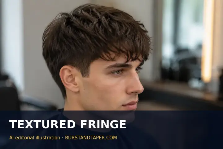 Textured fringe haircut for men with soft taper, AI-generated editorial illustration
