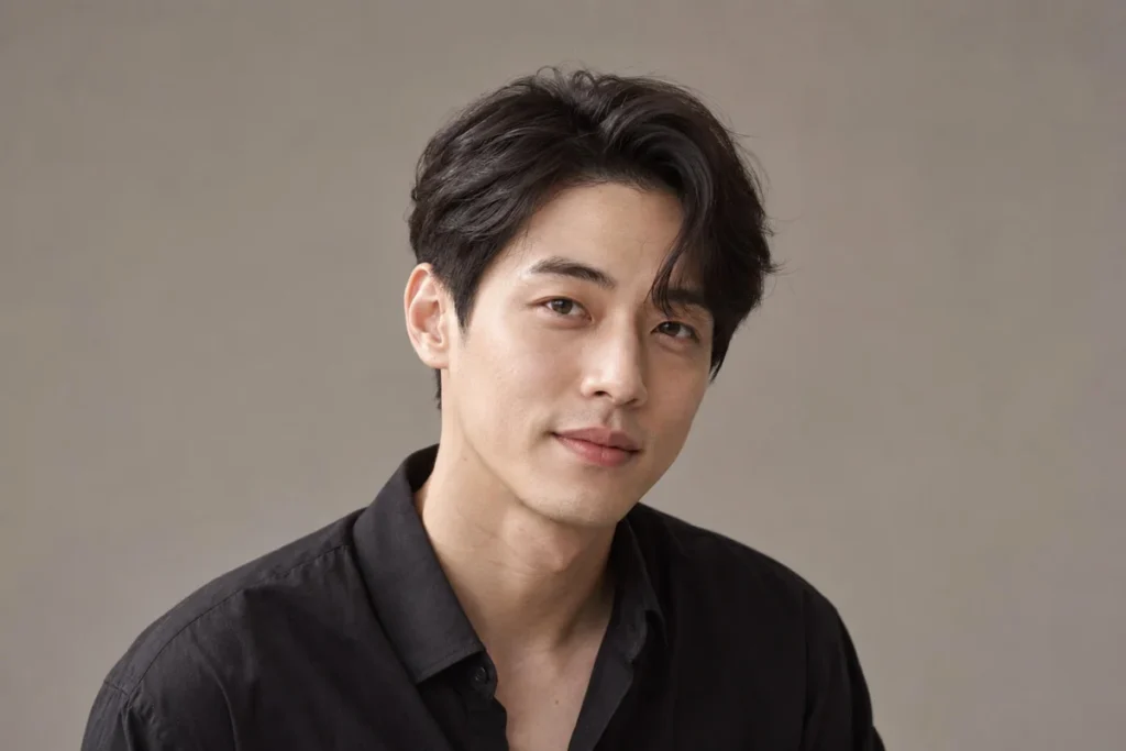 Off-center dark fringe curving inward over one side of the forehead