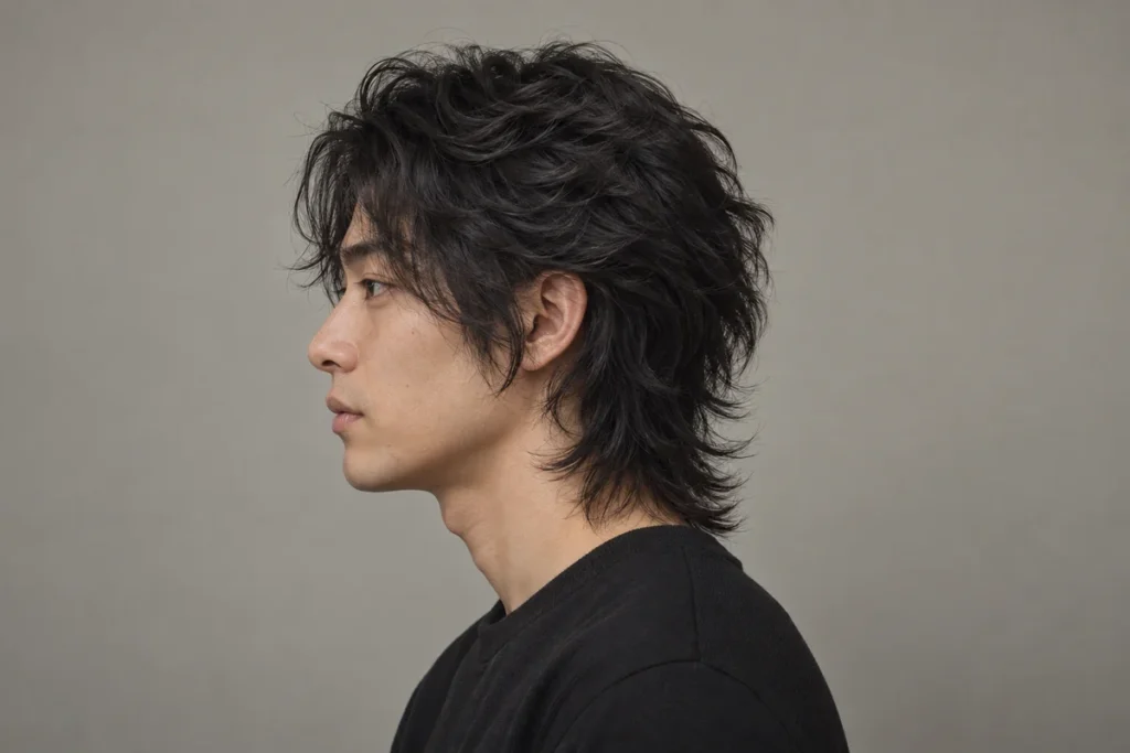 Side profile of wavy black shag with shorter crown layers and longer nape
